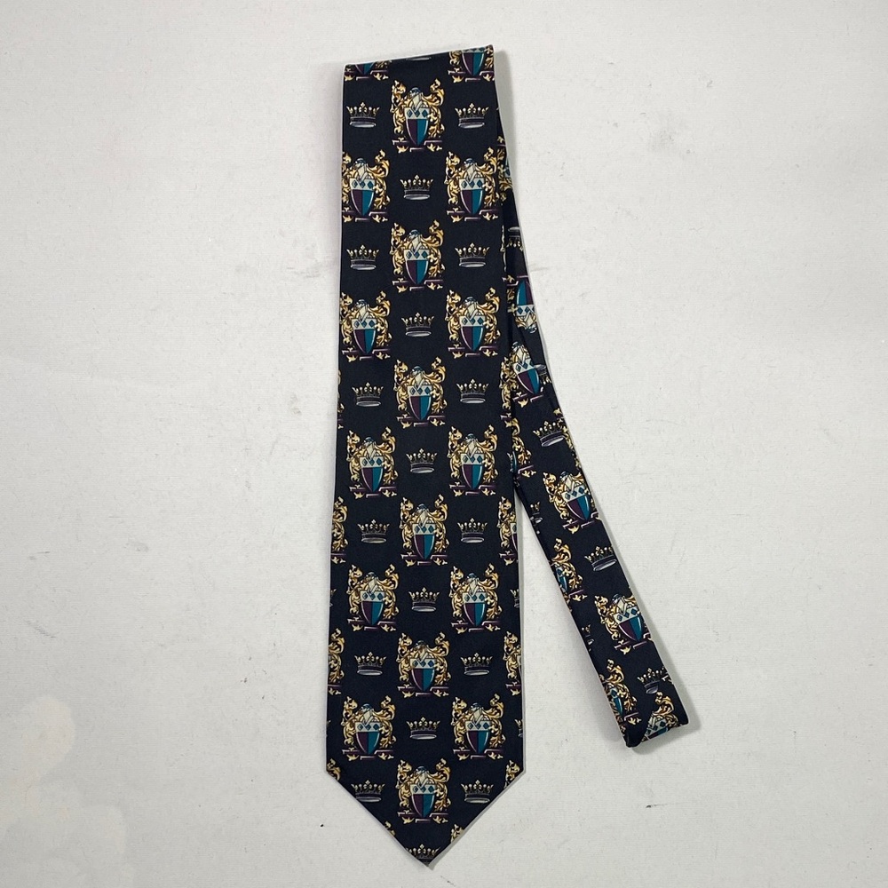 Men's Navy Crest Pattern Silk Tie - Blue and Gold